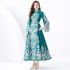 2024 Vacation - Palace style stand up collar flared sleeve single placket printed long lace dress