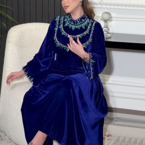 XQY500249 Saudi Arabia Abaya Robe Velvet Zipper Green Drip Diamond Middle East Dress