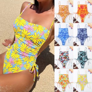 2024 new one-piece swimsuit printed with European and American vacation style drawstring, slimming and sexy bikini one-piece swimsuit