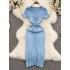 2024 summer outfit new style French waist cinching, slim and thin figure, deep V-neck, hip hugging knitted dress, medium to long length