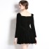 Real shot spot square collar mid waist French long sleeved retro dress, heavy-duty nail diamond velvet dress