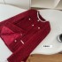 HiimDai heiress silver silk woven wine red small fragrant wind waist jacket&low waist skirt set