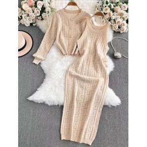 Xiaoxiangfeng long sleeved round neck single breasted knitted cardigan jacket, two-piece set, hanging neck, exposed shoulder, waist bag, hip dress