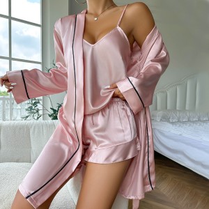 Danilin Cross border Ice Silk Pajamas Women's Strap Shorts Sleep Robe 3-Piece Set Summer Comfortable Outerwear Home Clothes