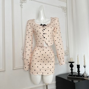 Your lazy llan semi ripe sweet peach French style bow polka dot top+half skirt two-piece set