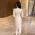 2024 Autumn/Winter New Women's High End V-neck Three Dimensional Flower Slimming Dress Gold Evening Dress