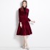 Real shot spot standing collar commuting long sleeved gold velvet dress, slimming mid length dress, dress