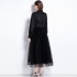 Real shot spot stand up collar lantern sleeves pleated waistband mesh fluffy princess style dress