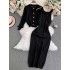 Xiaoxiangfeng long sleeved round neck single breasted knitted cardigan jacket, two-piece set, hanging neck, exposed shoulder, waist bag, hip dress