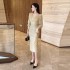 2024 Autumn/Winter New Women's High End V-neck Three Dimensional Flower Slimming Dress Gold Evening Dress