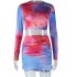 European and American style fashion set with digital printing round neck short sleeved top, high waist A-line half skirt two-piece set for women