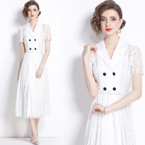 Real time spot vintage princess style dress with short sleeves, pleated mid length skirt, two-piece set+camisole