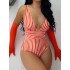 2024 new one-piece big V-neck swimsuit women's striped backless swimsuit women's sexy European and American manufacturer wholesale swimsuit