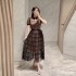 2024 new lace mesh nail bead dress for women's summer design, niche and slimming cake dress with a cinched waist