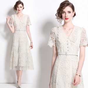 Real shooting spot 2024 summer new elegant water-soluble lace dress short sleeved doll collar tied waist long skirt