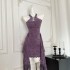 Xiang Tian'er Purple Neck Hanging Dress for Women 2024 Autumn New Style New Chinese Hip Wrapping Skirt Lace Skirt