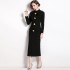 Real time spot standing collar long sleeved bow tie waist button decoration bag hip slit dress