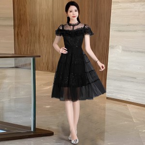 Design inspired mesh dress for women in the summer of 2024, exuding a socialite vibe with bubble sleeves and a cinched waist. A-line skirt with a ruffle collar