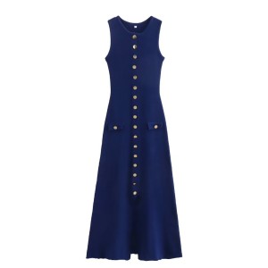 Foreign trade 2024 summer new women's clothing European and American style round neck sleeveless buckle long knitted dress for women