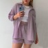 European and American women's two-piece pleated fabric lapel long sleeved shirt, high waisted drawstring shorts, plus size fashionable casual set