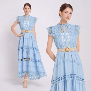 5085 Heavy Industry Design Solid Color Long Skirt Fashion Stand up Collar Sleeveless Hollow Out Dress without Strap