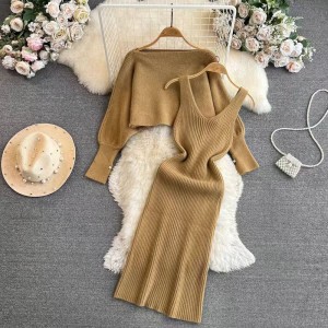 Autumn and Winter Fashion Bat Long Sleeve One Shoulder Off Shoulder Loose Knitted Shirt Top Two Piece Set V-neck Vest Dress