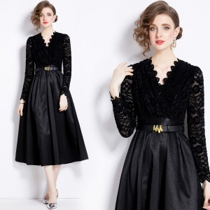 Real time spot 2024 early spring new lace patchwork V-neck waist cinching lace up big swing dress