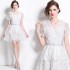 Real time spot French retro small fragrant style short sleeved V-neck lace cake dress with waist cinching short skirt