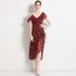 Real time spot 2024 summer new elegant and intellectual temperament ruffled irregular V-neck printed dress