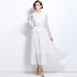 Real shot sweet temperament hollow lace patchwork diamond buckle high waisted long sleeved pleated mid length dress in stock