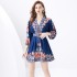 2024 Vacation - Palace style stand up collar lantern sleeves, single placket printed short mini dress