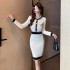 Xiaoxiangfeng contrasting color knitted long sleeved dress for women in autumn and winter, sexy slim fit French temperament base, hip hugging short skirt