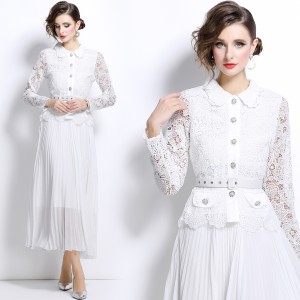 Real shot sweet temperament hollow lace patchwork diamond buckle high waisted long sleeved pleated mid length dress in stock