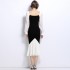 Real time spot French square collar contrasting color spliced knitted dress for women's slim fit fishtail long skirt