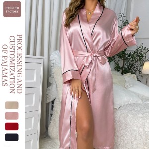 Long ice silk nightgown manufacturer in stock, summer thin style, fashionable and simple home clothes, women's sexy cardigan bathrobe