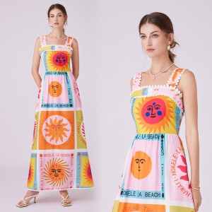 In stock 2024 summer vacation style new fashionable printed vest skirt socialite temperament lace camisole forked long skirt