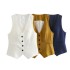 Linen double breasted women's suit jacket+vest vest vest+linen straight leg pants set