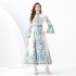 2024 Vacation - Palace style stand up collar flared sleeve single placket printed long lace dress