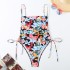 2024 new one-piece swimsuit printed with European and American vacation style drawstring, slimming and sexy bikini one-piece swimsuit