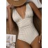 2024 new one-piece big V-neck swimsuit women's striped backless swimsuit women's sexy European and American manufacturer wholesale swimsuit