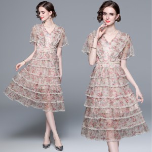 Summer new 2024 heavy industry nail bead printed mesh cake big swing skirt dress V-neck