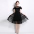 2024 summer new dress with waist cinching and slimming A-line temperament, mesh splicing black dress, sweet and feminine