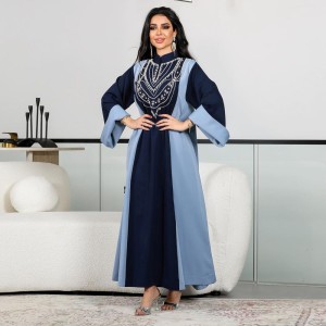 XQY500258 Amazon Muslim Middle Eastern Women's Clothing Splicing Color Contrast Hot Diamond Robe Dress