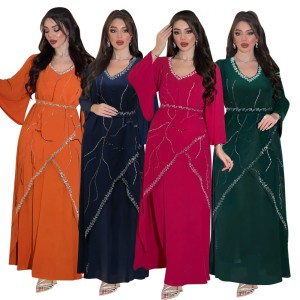 XQY500235 Middle East Cross border Amazon Muslim Robe Hot Diamond Chiffon Dress with Belt