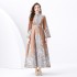 2024 Vacation - Palace style stand up collar flared sleeve single placket printed long lace dress