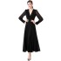 Real time spot black dress with waist cinched pleated skirt, long sleeved flowing V-neck long skirt