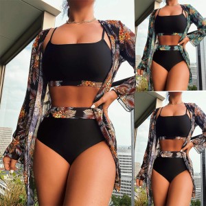 2024 New Swimsuit Women's Bikini European and American Sexy Split Swimsuit Hoodie Amazon Sunscreen Beach 3-Piece Set