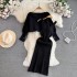 Autumn and Winter Fashion Bat Long Sleeve One Shoulder Off Shoulder Loose Knitted Shirt Top Two Piece Set V-neck Vest Dress