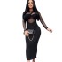 2022 New Round Neck Mesh Splicing Long Sleeve Medium to Long Tight Dress by Cross border Foreign Trade Manufacturer for European and American Women's Clothing