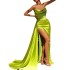 European and American sexy slit long dress with strapless design, pleated slit satin slim fit party dress